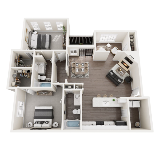 a 3d rendering of a two bedroom apartment at The  Monte