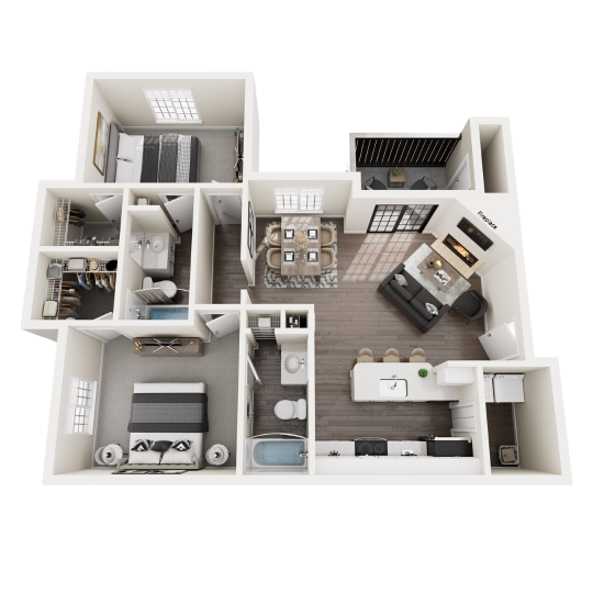 a 3d rendering of a two bedroom apartment at The  Monte