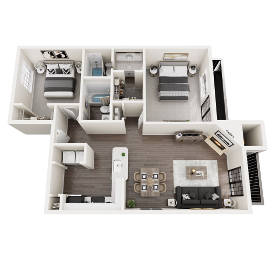 a 3d rendering of a two bedroom apartment at The  Monte