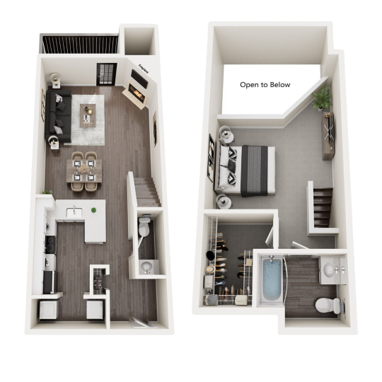 two bedroom floor plans with one bedroom and one bathroom at The  Monte